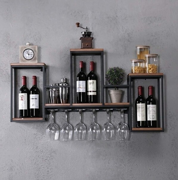 Portabottiglie vino cantinetta in ferro e legno industriale