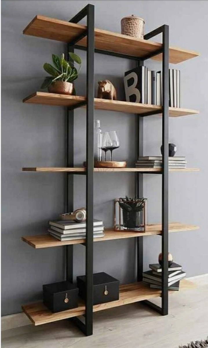 Libreria scaffale in legno e ferro 5 ripiani industriale h200 cm